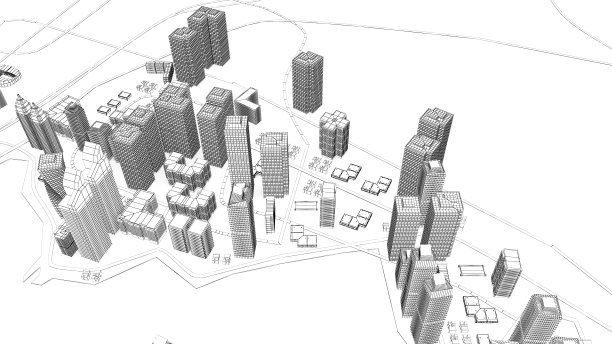 线框城市景观，低多边形城市和建筑，在城市的商业区，一个高大的结构有河流和道路。, 3 d渲染图片下载