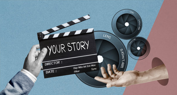 你的故事，写在电影板上。讲故事，分享愿景。电影工业的概念。抽象艺术拼贴。图片下载