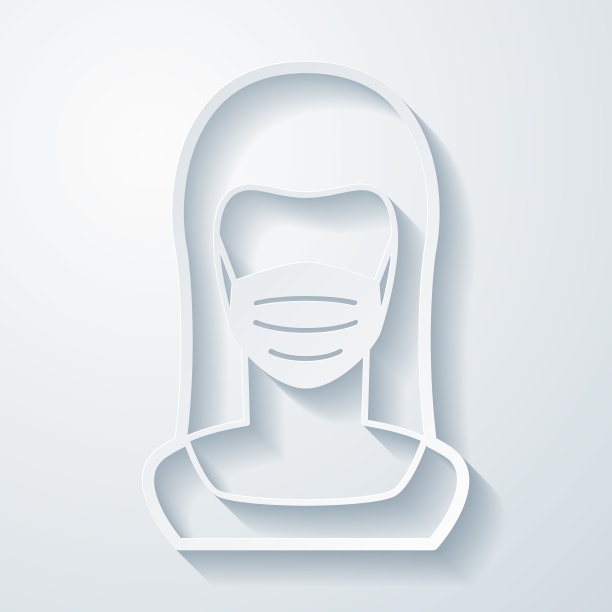 妇女在医疗脸保护口罩。在空白背景上具有剪纸效果的图标图片下载