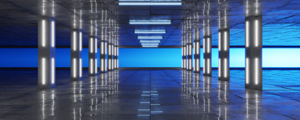 霓虹灯蓝粉光混凝土展览灯空地下条纹大黑暗垃圾大厅隧道走廊工作室大厅黑暗大厅光泽画廊入口车库3D渲染图片下载