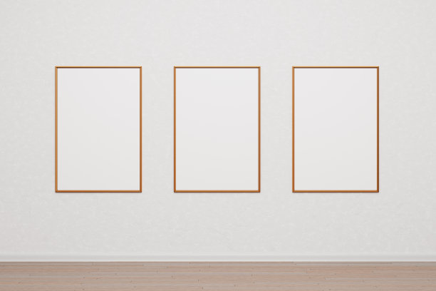 白色墙壁上的照片或图画的三个空木框。模型画、海报、照片。设计模板的布局。3 d渲染。图片下载