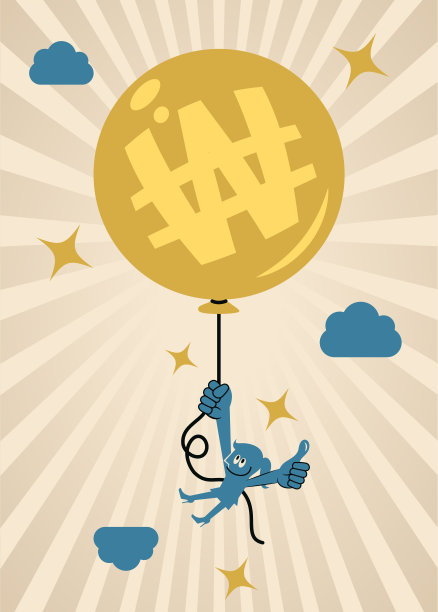 一个微笑的女商人拿着一个满是钱的气球，竖起大拇指，在天空中飞翔图片下载