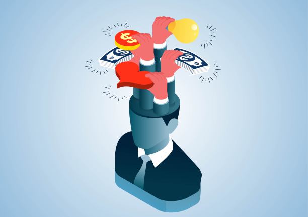 脑内等长手持钞票、金币、灯泡、心形、商业思维、商业代理和保险、创意商业理念图片下载