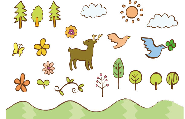 一套手绘插图的森林，鸟和鹿。图片下载