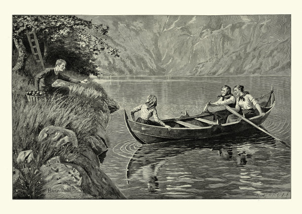 年轻男子用新鲜的苹果诱惑年轻女子，在挪威峡湾划船图片下载