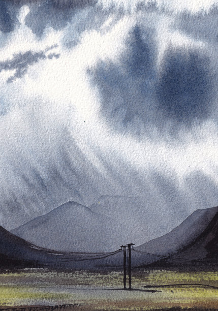 水彩山水，手绘自然背景。山川山水，在雨中图片下载