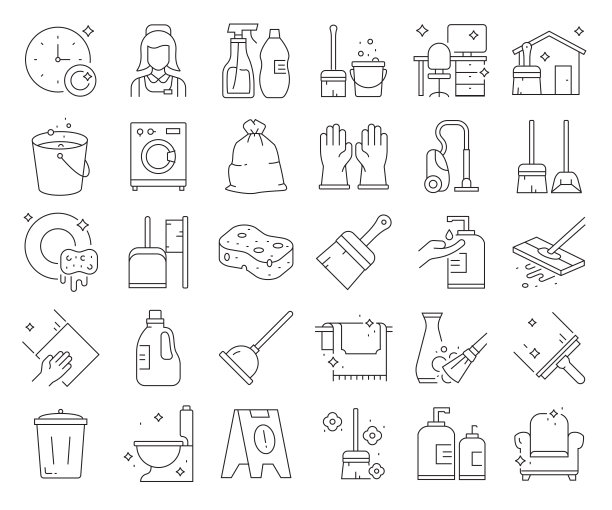 清洁相关的矢量线图标的简单设置。大纲符号集合。可编辑的中风图片下载