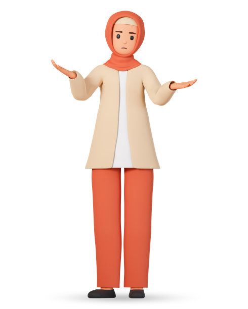 困惑的穆斯林妇女将她的双手伸向白色背景上的3d插图。戴着头巾的年轻穆斯林女孩将双手伸向两侧，看起来很困惑图片下载