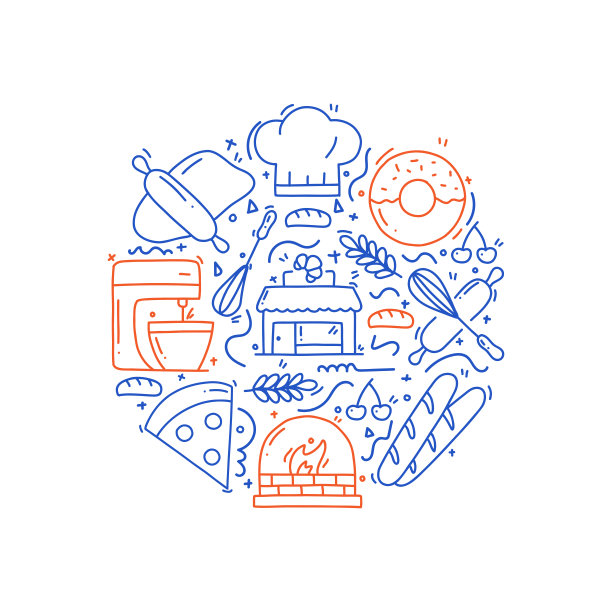 烘焙相关的对象和元素。手绘矢量涂鸦插图集合。手绘图案设计图片下载