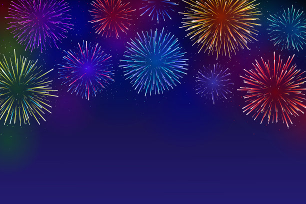 彩色矢量烟花在深蓝色的背景与复制空间。新年快乐，庆祝理念。图片下载