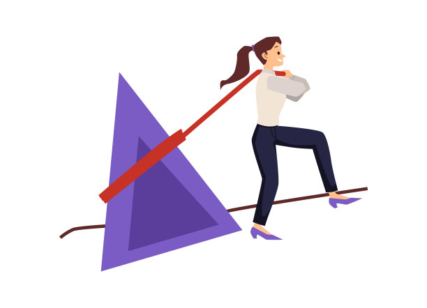 精力充沛的女人推紫三角石、巨石。女商人克服挑战走向成功，矢量平面插图孤立在白色背景。图片下载