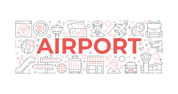 机场网页横幅设计模板与线条艺术图标图片下载