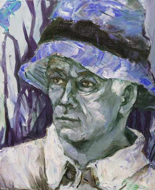 插图油画肖像，一个男人在一顶帽子的背景与鲜花的风景图片下载