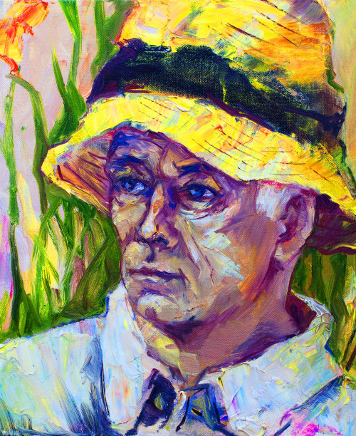 插图油画肖像，一个男人在一顶帽子的背景与鲜花的风景图片下载