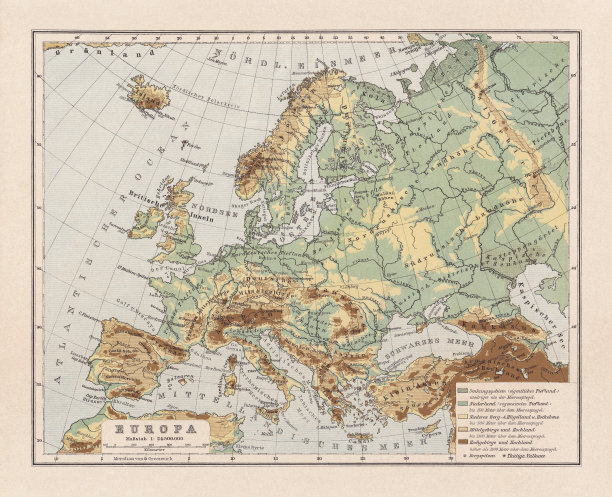 欧洲物理地图，平版印刷，1893年出版图片下载