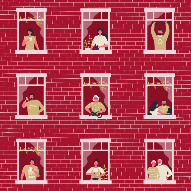 人们在窗口的红房子呆在家里的概念图片下载
