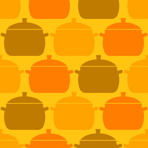 无缝图案与彩色平底锅在黄色的背景。平面图标锅。厨房背景。复古设计印刷织物，包装纸，墙纸，包装。矢量图图片下载
