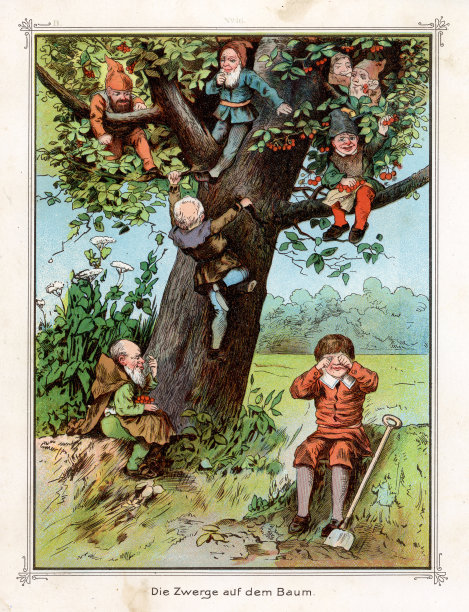 矮人，侏儒从树上偷水果，德国民间传说，维多利亚19世纪。图片下载