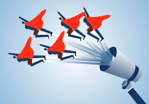 鼓励或引导商人实现目标，经理手持扩音器鼓励信心十足的商人在海角为目标起飞图片下载