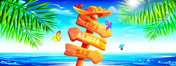 阿罗哈夏威夷热带假日概念卡通风格。古老的木制路标与夏威夷问候在热带阳光明媚的海洋与蝴蝶和棕榈树的背景。图片下载