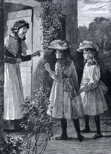 两个女孩向一个年长的女人问路，晚上在门口图片下载