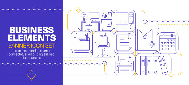 业务元素线条图标集和横幅设计图片下载