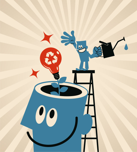 梯子顶端的蓝人正在浇灌一个关于可持续发展、可持续发展的商业和环境保护的好想法，这个想法的灯泡是从一个巨人的开放的头部生长出来的图片下载