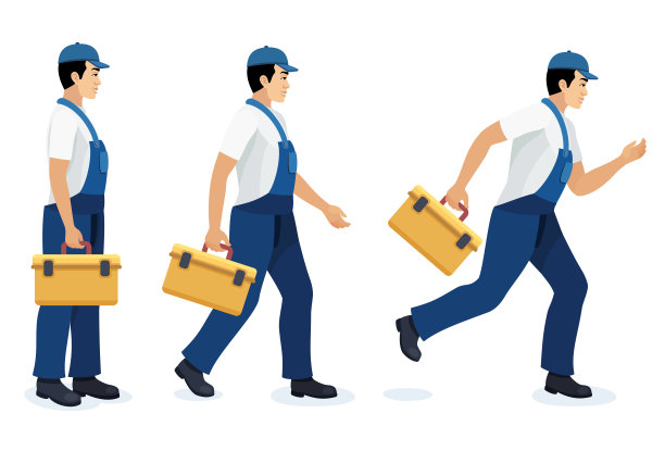 水管工或修理工。带工具箱的建筑工人。不同姿势的工人集合。图片下载