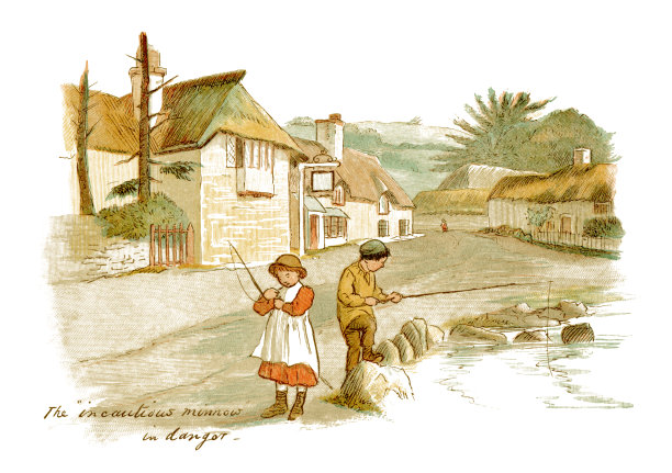 两个维多利亚时代的孩子在一个村庄的鸭池钓鱼图片下载