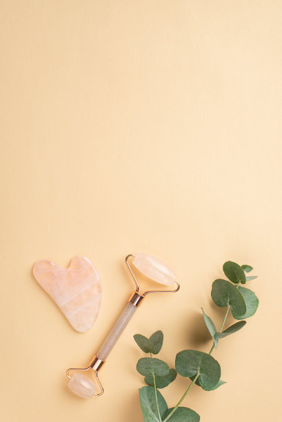 美容手术的概念。俯视图垂直照片的玫瑰石英辊瓜沙按摩器和桉树枝孤立粉彩米色背景与copyspace图片下载