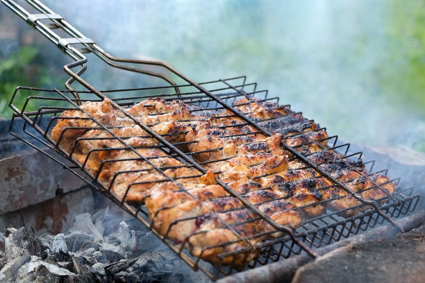 在营火上烤鸡肉。烟从灼热的煤炭中升起。在大自然的网格上烹饪烤肉串。有选择性的重点图片下载