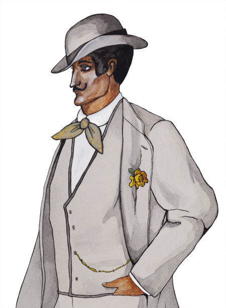 时尚的插图现代艺术作品我的原始水彩画在复古风格肖像人物侧面的一个年轻男子花花公子在一个优雅的轻西装和浅灰色毡帽图片下载