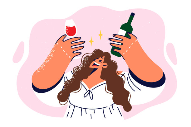 在生日聚会上，喝醉的女孩拿着一瓶红酒和一杯供饮的酒杯图片下载