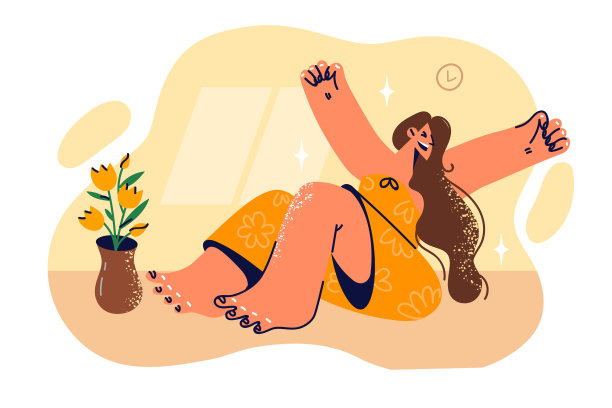 早起的女子坐在公寓地板上打着哈欠，双臂向两侧伸展图片下载