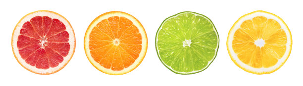 柠檬，橙子，柠檬，青柠，柚子片。孤立在白色的。柑橘类水果的照片。圆图片下载