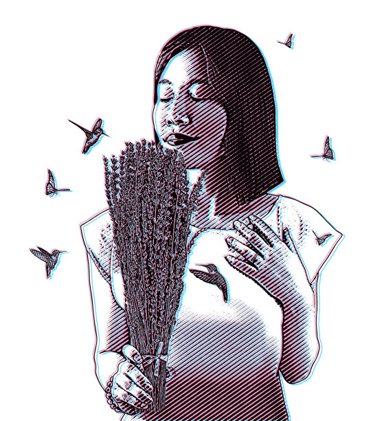 女人闻着薰衣草花，蝴蝶和蜂鸟图片下载