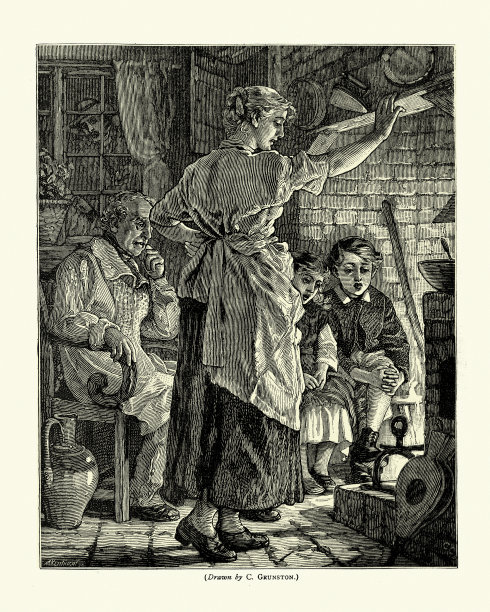 19世纪，维多利亚家庭在家里生火前聚会图片下载