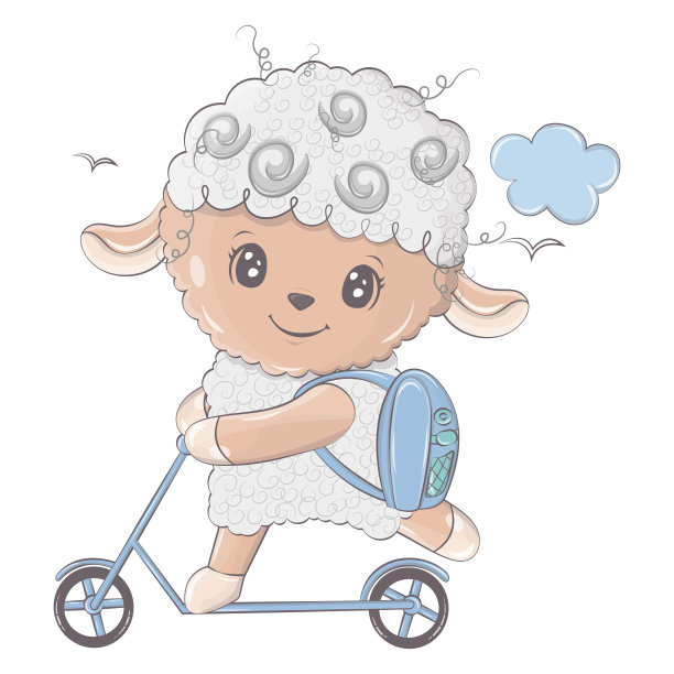 可爱的羊插图。骑摩托车的绵羊。图片下载