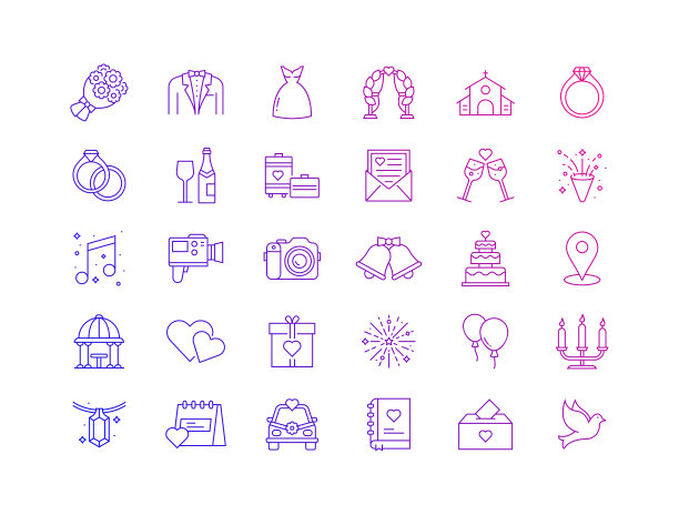 简单的一套婚礼相关矢量线图标。大纲符号集合图片下载