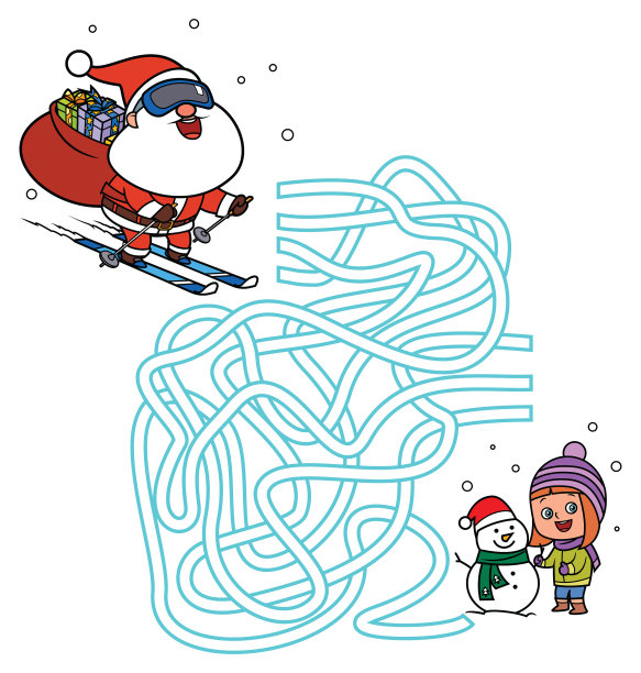 儿童迷宫游戏。滑雪的圣诞老人和堆雪人的小女孩图片下载