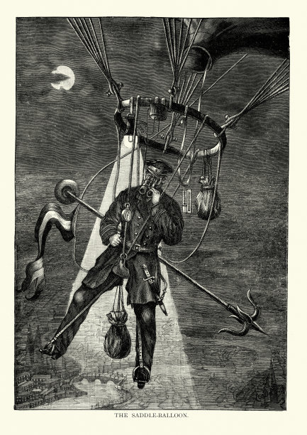 维多利亚时代的冒险家骑着马鞍气球飞行，19世纪图片下载