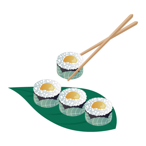 传统的日本寿司和寿司卷。绿叶上的筷子和寿司设计-插图图片下载