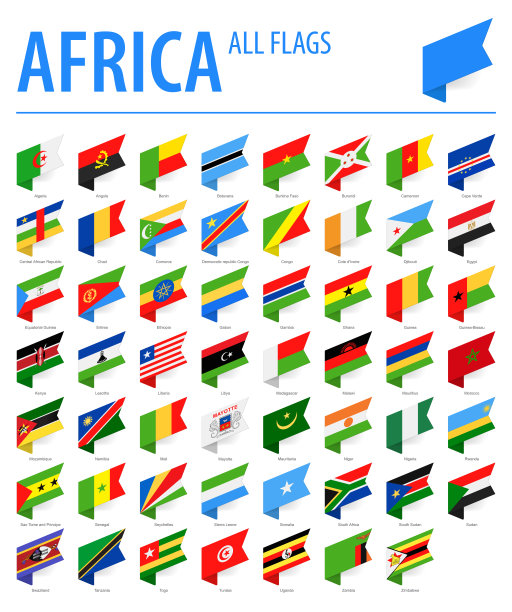 非洲所有旗帜-矢量等距标签矩形扁平图标图片下载