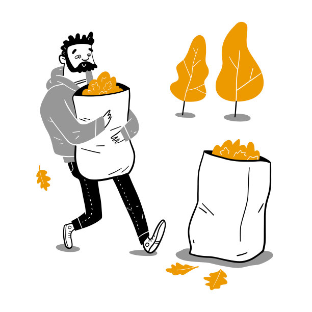 秋天院子里的工作——男人扛着一袋树叶图片下载