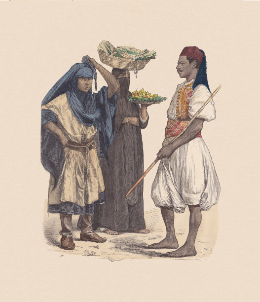 19世纪，埃及服饰，手工着色木刻，大约出版于1880年图片下载