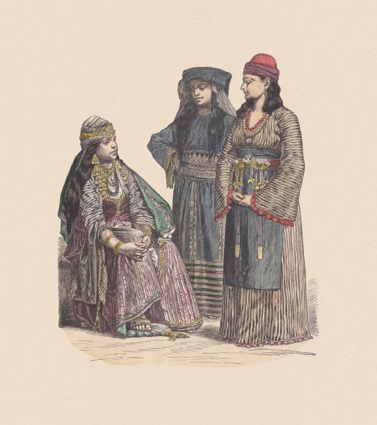 19世纪，亚洲服饰，手工着色木刻，大约出版于1880年图片下载