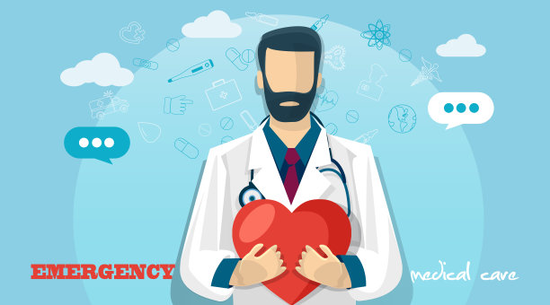 救护车概念，扁平风格的医疗保健。医生在抽象的彩色背景上拿着一颗心。图片下载