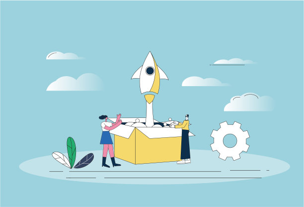 两个白领打开盒子，飞出了火箭。图片下载