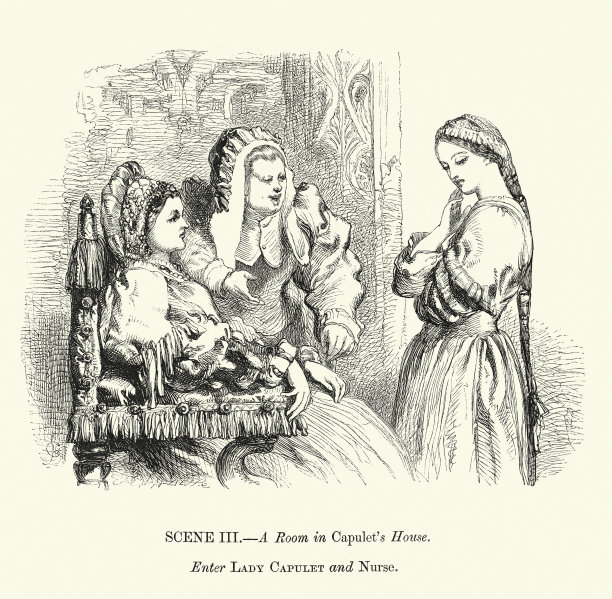 凯普莱特夫人和护士登场，威廉·莎士比亚的《罗密欧与朱丽叶》中的场景，由约翰·吉尔伯特绘制，19世纪维多利亚时代图片下载