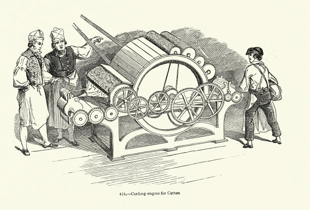 用于加工棉花的梳理机，纺织工业史，工业革命，19世纪维多利亚时代，19世纪50年代图片下载